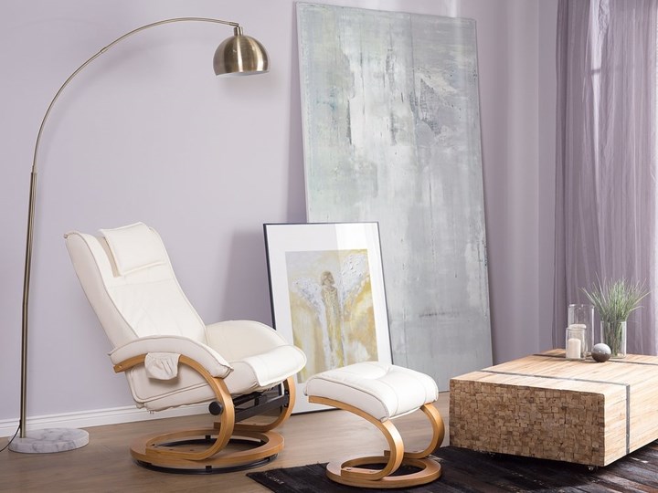 Fotel wypoczynkowy podgrzewany z masażem i podnóżkiem beżowy ekoskóra drewniana rama odchylane oparcie Drewno Skóra ekologiczna Fotel masujący Styl Vintage Pomieszczenie Salon