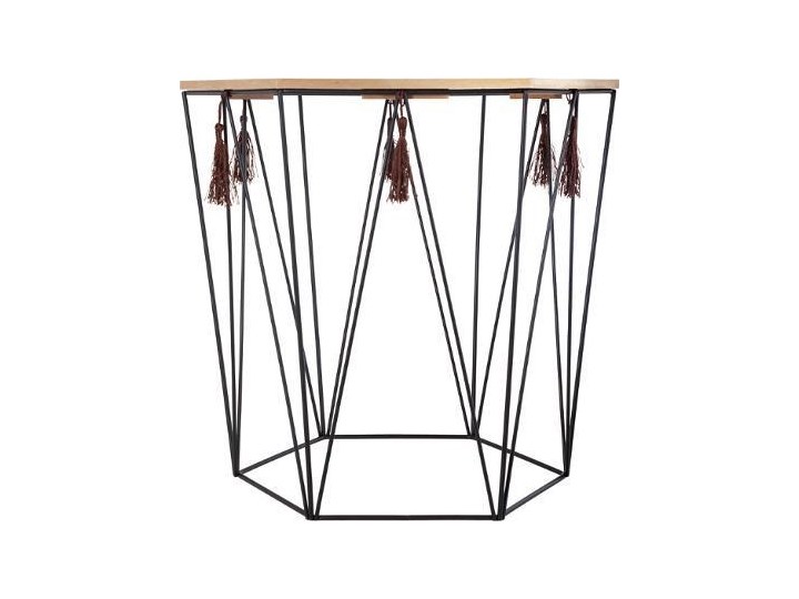 Stolik kawowy z drewna i metalu, sześciokątny blat ze wzorami, design w stylu modern pasujący do wielu wnętrz.