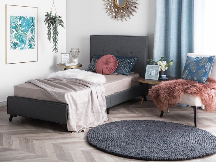 Łóżko szare tapicerowane 90 x 200 cm ze stelażem i wezgłowiem z ozdobnymi guzikami Łóżko tapicerowane Kategoria Łóżka do sypialni