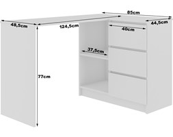 BIURKO NAROŻNE 3 SZUFLADY CLP PRAWE BIAŁE Głębokość 85 cm Biurko komputerowe Szerokość 124 cm