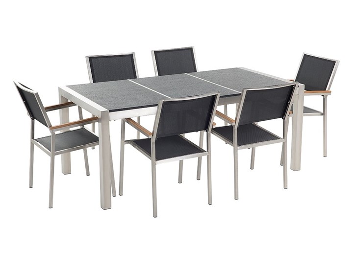 Zestaw mebli ogrodowych jadalniany czarny palony stół granit/bazalt 180 x 90 cm 6 krzeseł tekstylnych sztaplowanych Tworzywo sztuczne Stal Stoły z krzesłami Styl Nowoczesny