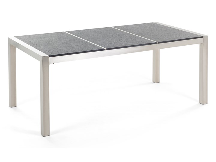 Zestaw mebli ogrodowych jadalniany czarny palony stół granit/bazalt 180 x 90 cm 6 krzeseł tekstylnych sztaplowanych Tworzywo sztuczne Kolor Szary Stal Stoły z krzesłami Styl Nowoczesny