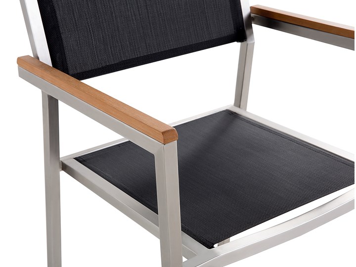 Zestaw mebli ogrodowych jadalniany czarny palony stół granit/bazalt 180 x 90 cm 6 krzeseł tekstylnych sztaplowanych Stal Stoły z krzesłami Tworzywo sztuczne Styl Nowoczesny