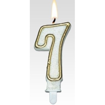 Tamipol świeczka urodzinowa cyferka biała ze złotym brokatem na urodzinowy tort - cyfra 7