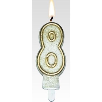 Tamipol świeczka urodzinowa cyferka biała ze złotym brokatem na urodzinowy tort - cyfra 8