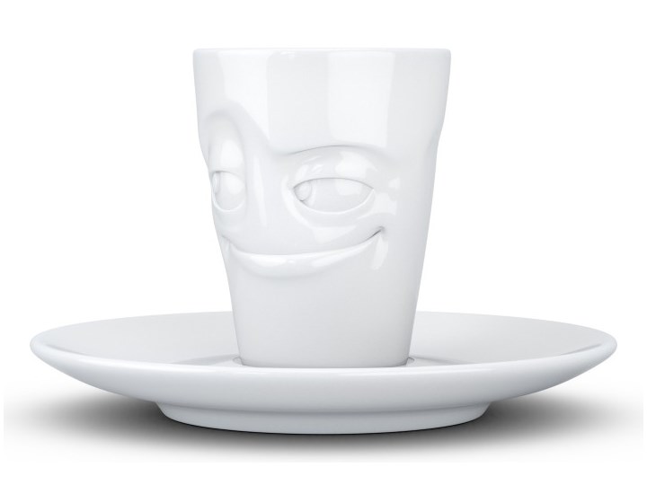 Biała uśmiechnięta porcelanowa filiżanka do espresso ze spodkiem 58products, 80 ml