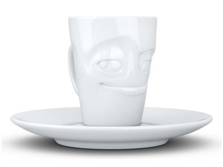 Biała uśmiechnięta porcelanowa filiżanka do espresso ze spodkiem 58products, 80 ml