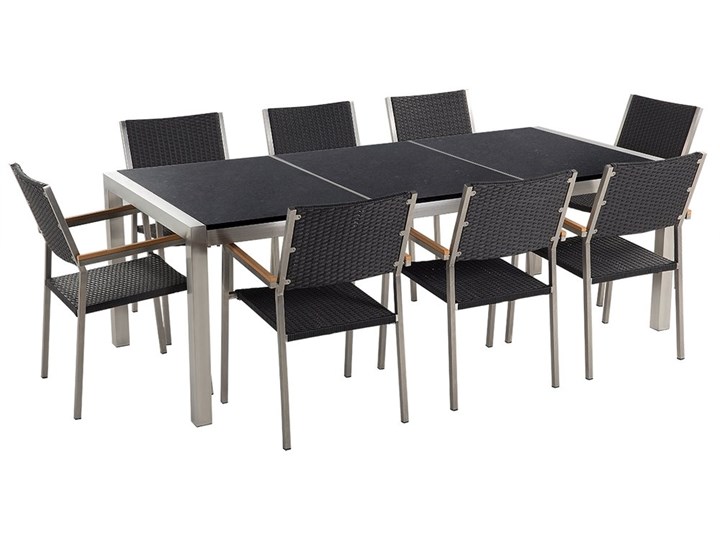 Zestaw mebli ogrodowych jadalniany czarny stół granit/bazalt 220 x 100 cm 8 krzeseł z technorattanu sztaplowanych Stoły z krzesłami Stal Styl Nowoczesny