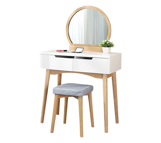 Toaletka Gaga biała - dąb z okragłym lustrem i stołkiem