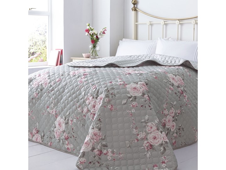 Szara narzuta na łóżko Catherine Lansfield Canterbury Rose, 240x260 cm Wzór Pikowany Poliester Pomieszczenie Sypialnia