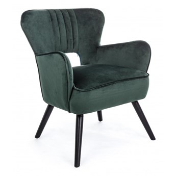 TAPICEROWANY FOTEL W KOLORZE BUTELKOWEJ ZIELENI W STYLU SKANDYNAWSKIM, DESIGNERSKI DO SALONU, JADALNI, POKOJU, GABINETU