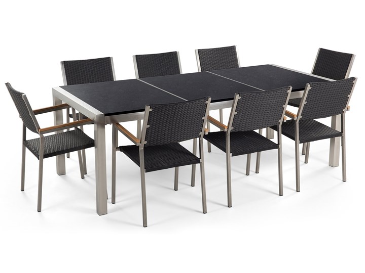 Zestaw mebli ogrodowych jadalniany czarny stół granit/bazalt 220 x 100 cm 8 krzeseł z technorattanu sztaplowanych Kategoria Zestawy mebli ogrodowych Stoły z krzesłami Stal Zawartość zestawu Krzesła
