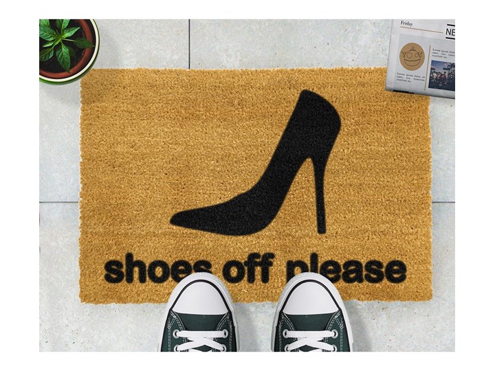 Wycieraczka z naturalnego włókna kokosowego Artsy Doormats Shoes Off Please, 40x60 cm Włókno kokosowe Kolor Szary