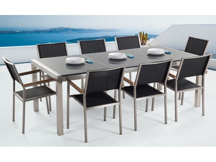 Zestaw mebli ogrodowych jadalniany szary stół granitowy polerowany 220 x 100 cm 8 krzeseł czarnych tekstylnych sztaplowanych Stoły z krzesłami Zawartość zestawu Krzesła Tworzywo sztuczne Stal Styl Nowoczesny