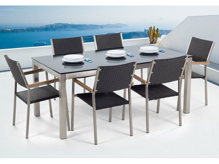 Zestaw mebli ogrodowych jadalniany czarny stół szkło hartowane 180 x 90 cm 6 krzeseł czarnych z technorattanu sztaplowanych Stoły z krzesłami Stal Kolor Szary