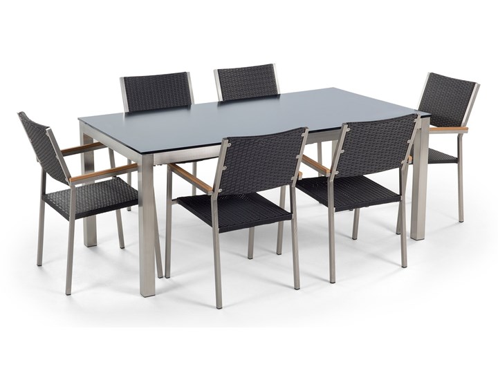 Zestaw mebli ogrodowych jadalniany czarny stół szkło hartowane 180 x 90 cm 6 krzeseł czarnych z technorattanu sztaplowanych Stal Stoły z krzesłami Zawartość zestawu Krzesła