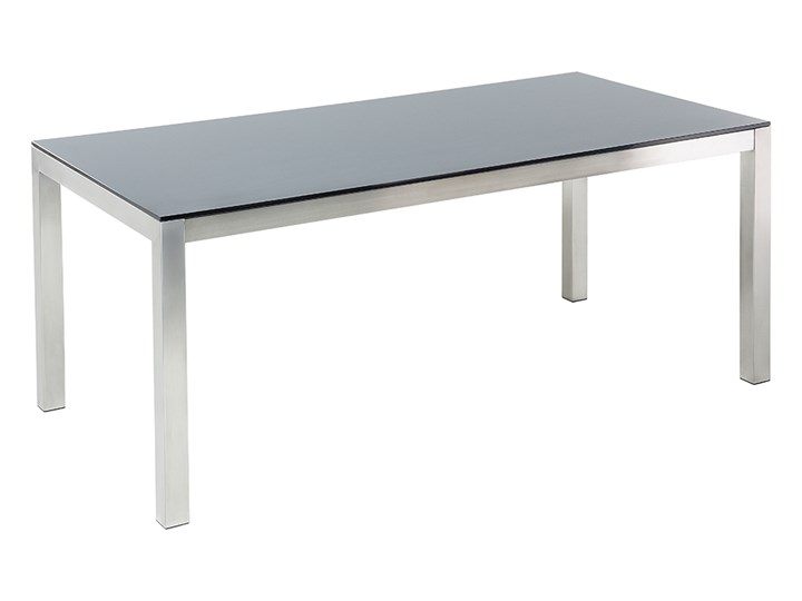 Zestaw mebli ogrodowych jadalniany czarny stół szkło hartowane 180 x 90 cm 6 krzeseł czarnych z technorattanu sztaplowanych Stal Kategoria Zestawy mebli ogrodowych Stoły z krzesłami Styl Nowoczesny