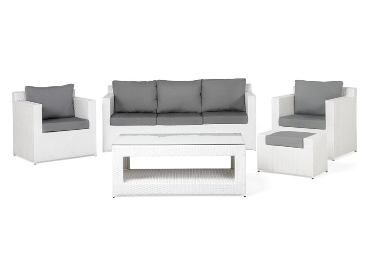 Zestaw mebli ogrodowych 5-osobowy biały rattan szare poduszki sofa 2 fotele pufa stolik Zestawy wypoczynkowe Tworzywo sztuczne Technorattan Aluminium Styl Nowoczesny