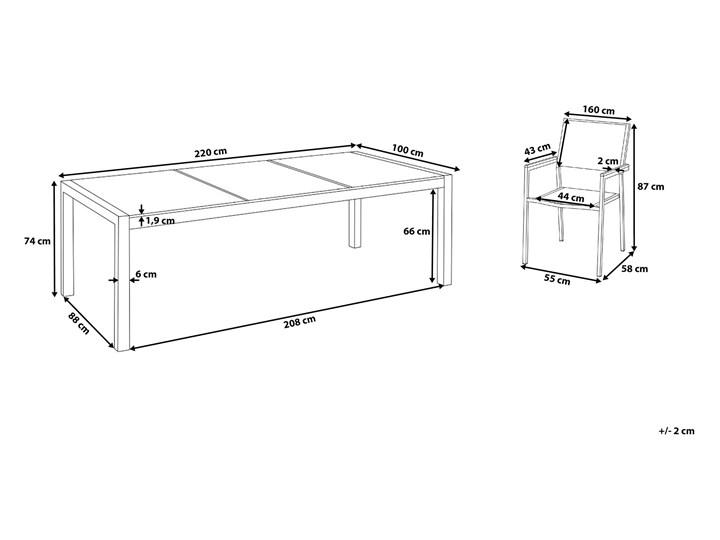 Beliani Zestaw mebli ogrodowych jadalniany szary stół granitowy polerowany 220 x 100 cm 8 czarnych krzeseł z technorattanu sztaplowanych Stal Stoły z krzesłami Zawartość zestawu Krzesła