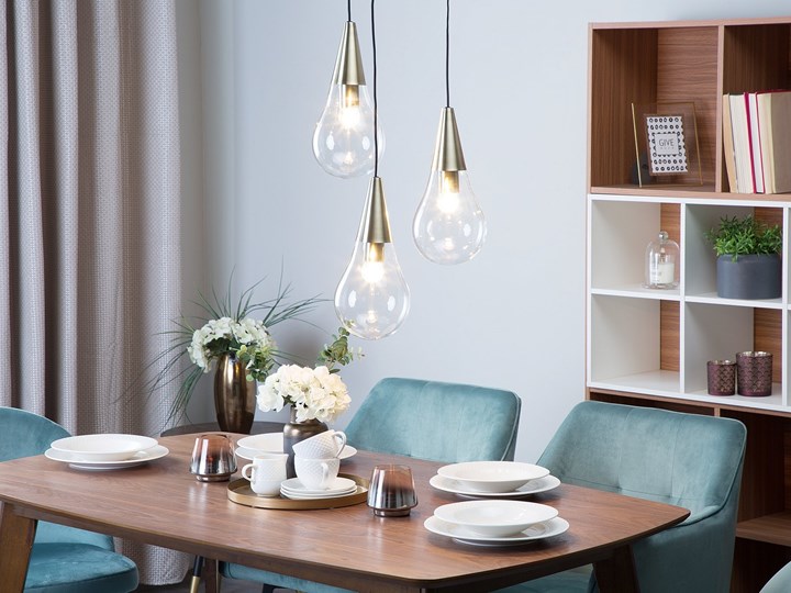 Lampa sufitowa przezroczysta szklana 118 cm miedziany akcent 3 klosze kształt kropli nowoczesna Metal Żarówka na kablu Szkło Kategoria Lampy wiszące Styl Nowoczesny