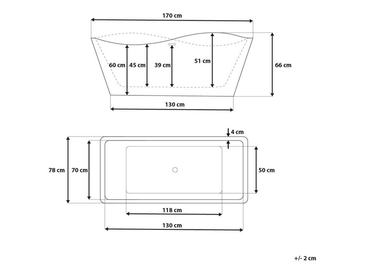 Wanna wolnostojąca biała akrylowa 170 x 78 cm system przelewowy prostokątna glamour Stal Długość 170 cm Symetryczne Wolnostojące Kolor Biały