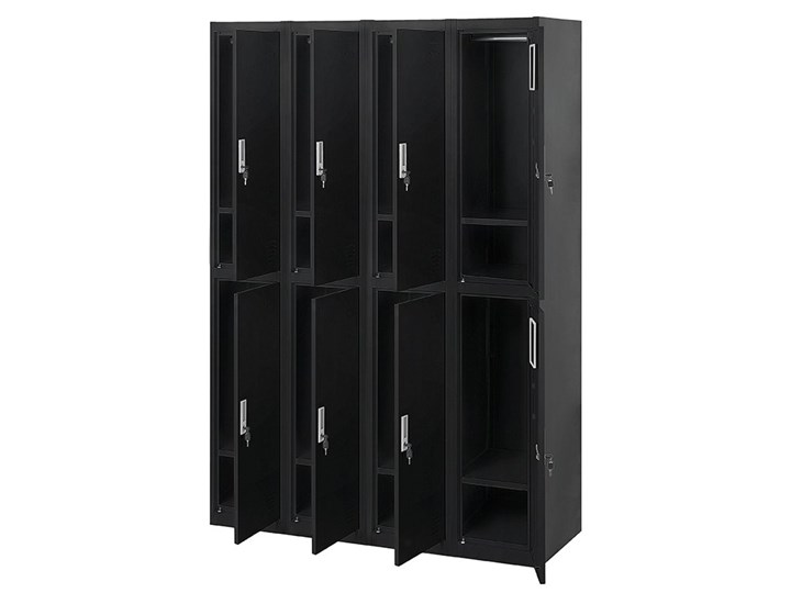 Szafa ubraniowa czarna metalowa 120 x 45 x 180 cm 4 x podwójne drzwi na kluczyk z półkami Pomieszczenie Biuro i pracownia
