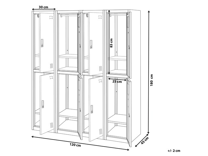 Szafa ubraniowa czarna metalowa 120 x 45 x 180 cm 4 x podwójne drzwi na kluczyk z półkami Pomieszczenie Biuro i pracownia