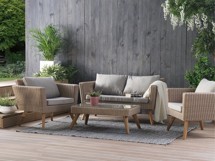 Zestaw mebli ogrodowych 4-osobowy wypoczynkowy szaro-brązowy technorattan sofa dwa fotele poduszki stolik kawowy Stal Tworzywo sztuczne Zestawy wypoczynkowe Zestawy kawowe Styl Nowoczesny Kategoria Zestawy mebli ogrodowych
