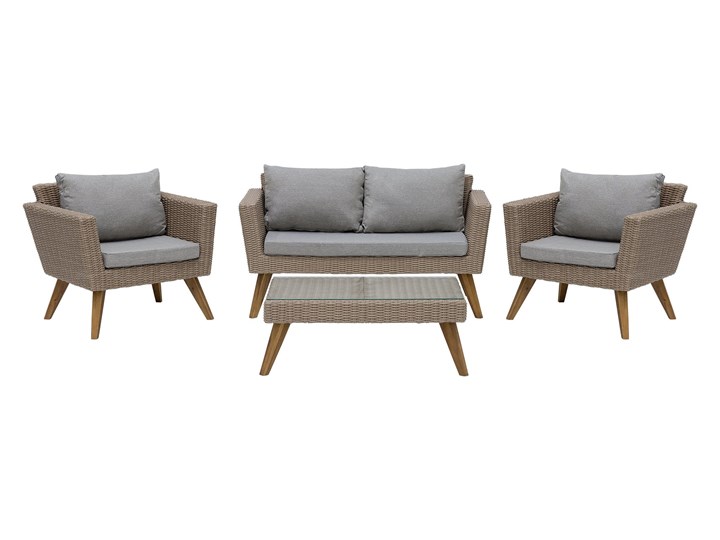 Zestaw mebli ogrodowych 4-osobowy wypoczynkowy szaro-brązowy technorattan sofa dwa fotele poduszki stolik kawowy Zestawy wypoczynkowe Styl Nowoczesny Zestawy kawowe Stal Tworzywo sztuczne Kategoria Zestawy mebli ogrodowych