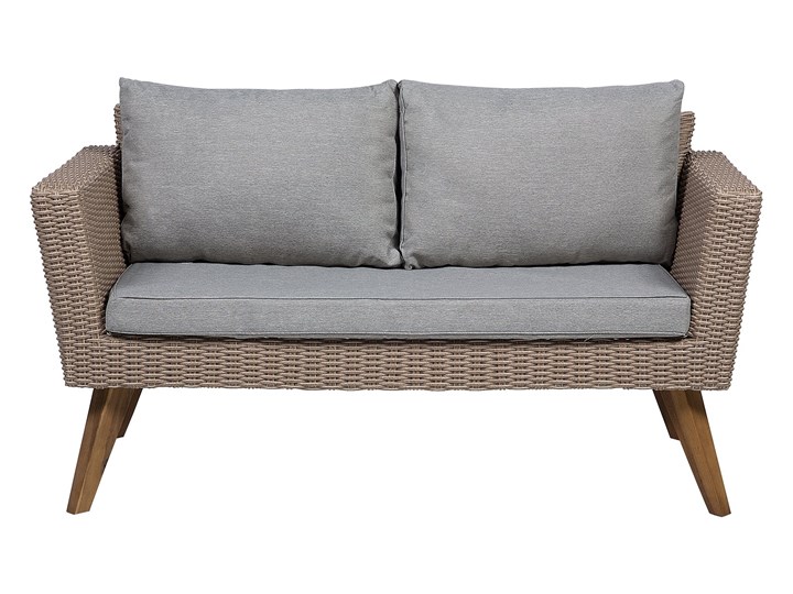Zestaw mebli ogrodowych 4-osobowy wypoczynkowy szaro-brązowy technorattan sofa dwa fotele poduszki stolik kawowy Stal Zestawy wypoczynkowe Tworzywo sztuczne Zestawy kawowe Kategoria Zestawy mebli ogrodowych