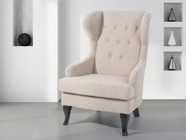 Fotel uszak beżowy tapicerowany pikowany wysokie oparcie vintage retro salon Wysokość 100 cm Kategoria Fotele do salonu Tkanina Tworzywo sztuczne Szerokość 66 cm Fotel pikowany Drewno Fotel tradycyjny Głębokość 78 cm Styl Klasyczny