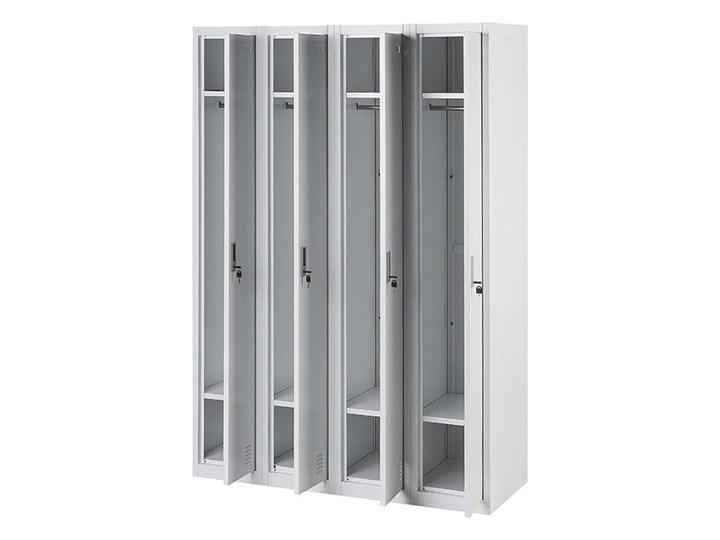 Szafa ubraniowa biała metalowa 120 x 45 x 180 cm 4 drzwi na kluczyk z półkami i drążkiem Uniwersalne Kolor Biały