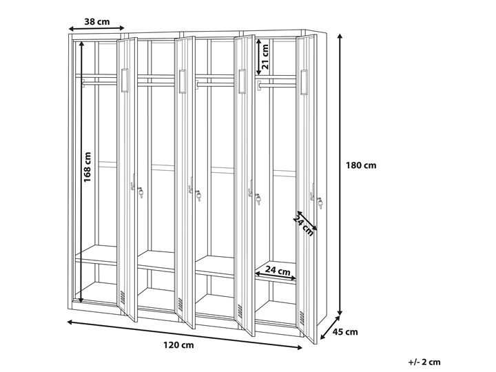 Szafa ubraniowa biała metalowa 120 x 45 x 180 cm 4 drzwi na kluczyk z półkami i drążkiem Uniwersalne Pomieszczenie Biuro i pracownia