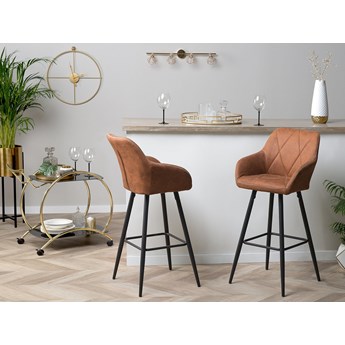 Beliani Zestaw 2 krzeseł barowych brązowych tapicerowanych materiałem czarne metalowe nóżki geometryczne pikowanie rustykalny design