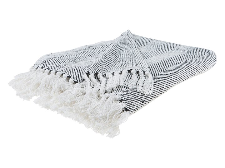 Koc czarny bawełniany 130 x 160 cm jodełka z frędzlami narzuta styl boho 130x160 cm Bawełna Pomieszczenie