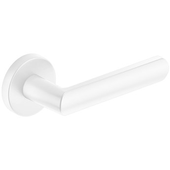 Biała, minimalistyczna klamka ICONA R renomowanej marki CORONA, do drzwi wewnętrznych