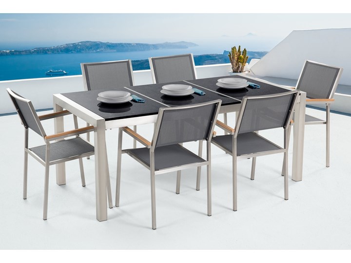 Zestaw mebli ogrodowych jadalniany czarny stół granit/bazalt 180 x 90 cm 6 krzeseł szarych tekstylnych sztaplowanych Stal Stoły z krzesłami Tworzywo sztuczne Zawartość zestawu Krzesła Kategoria Zestawy mebli ogrodowych
