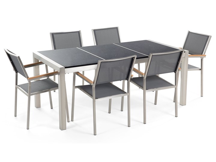 Zestaw mebli ogrodowych jadalniany czarny stół granit/bazalt 180 x 90 cm 6 krzeseł szarych tekstylnych sztaplowanych Stoły z krzesłami Stal Tworzywo sztuczne Styl Nowoczesny Kategoria Zestawy mebli ogrodowych