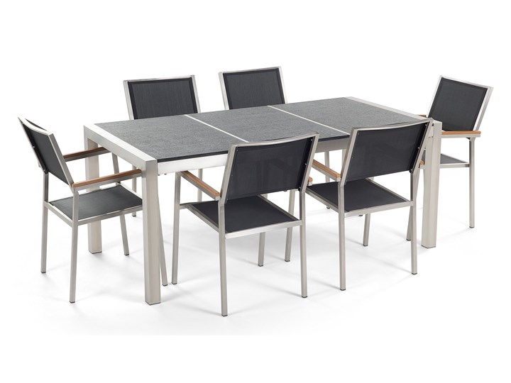 Zestaw mebli ogrodowych jadalniany czarny palony stół granit/bazalt 180 x 90 cm 6 krzeseł tekstylnych sztaplowanych Tworzywo sztuczne Kolor Szary Stoły z krzesłami Stal Zawartość zestawu Krzesła