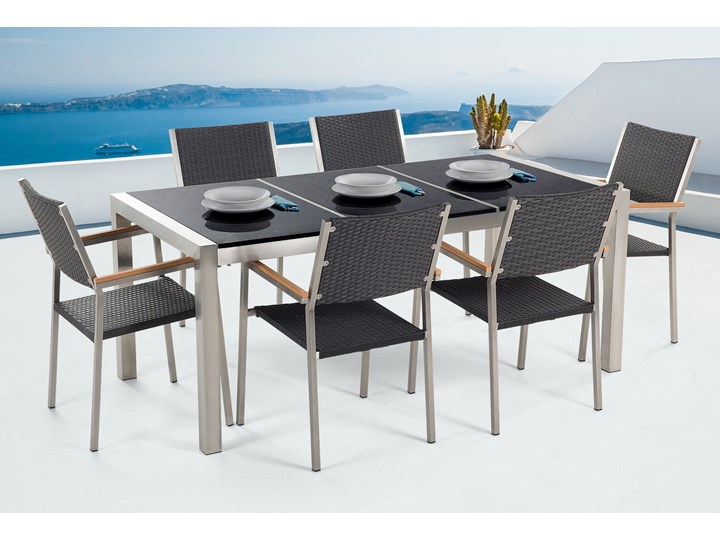 Zestaw mebli ogrodowych jadalniany czarny stół granit/bazalt 180 x 90 cm 6 krzeseł z technorattanu sztaplowanych Stal Stoły z krzesłami Styl Nowoczesny