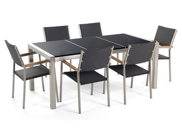 Zestaw mebli ogrodowych jadalniany czarny stół granit/bazalt 180 x 90 cm 6 krzeseł z technorattanu sztaplowanych Stal Stoły z krzesłami Kategoria Zestawy mebli ogrodowych