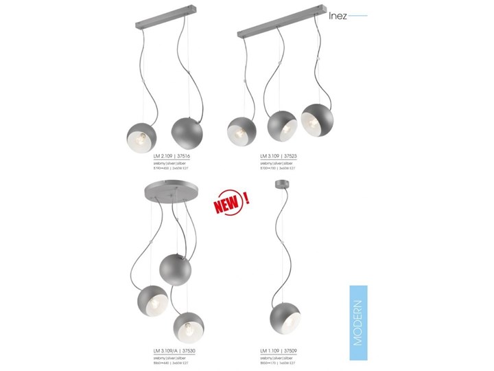 INEZ lampa wisząca 1-punktowa srebrna Metal Lampa z kloszem Kolor Szary