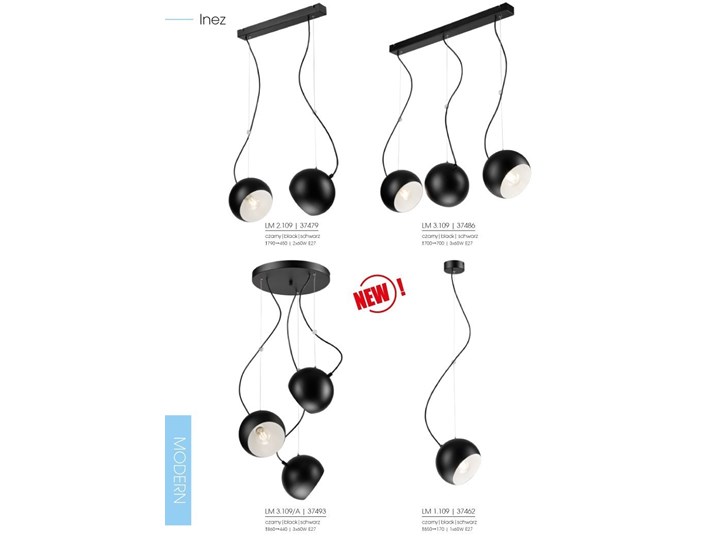 INEZ plafon - lampa wisząca 3-punktowa czarna Kolor Czarny Metal Lampa z kloszem Pomieszczenie Kuchnia