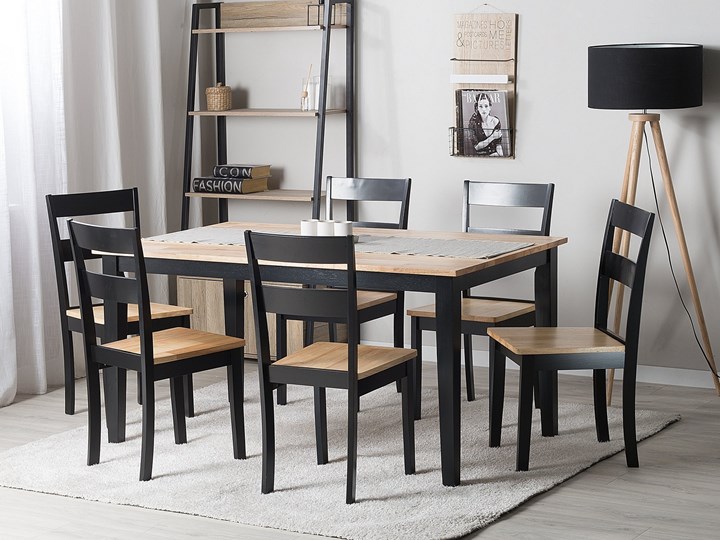 Beliani Zestaw do jadalni stół 150 x 90 cm i 6 krzeseł jasne drewno z czarnym styl skandynawski Pomieszczenie Jadalnia