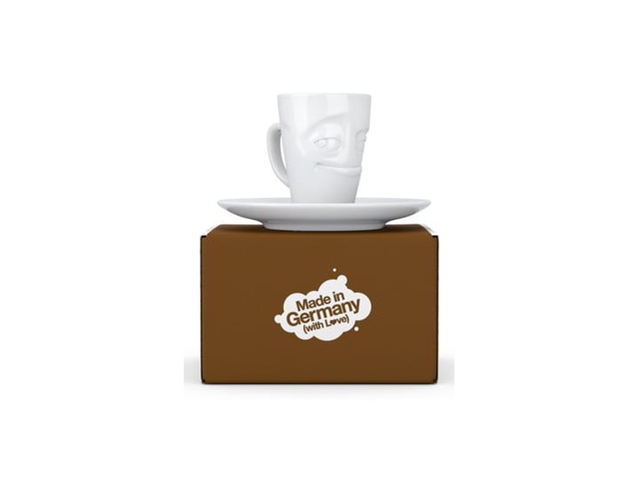 Biała uśmiechnięta porcelanowa filiżanka do espresso ze spodkiem 58products, 80 ml