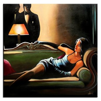 JACK VETTRIANO - ALONG CAME A SPIDER obraz ręcznie malowany kobieta na sofie, 90x90 cm