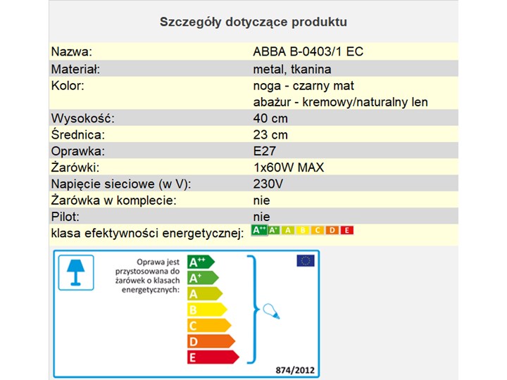 Lampka nocna len ABBA B-0403/1 EC Lampa nocna Kolor Beżowy Kategoria Lampy stołowe
