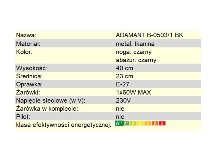 Lampka nocna ADAMANT B-0503/1 BK Wysokość 40 cm Lampa nocna Lampa z abażurem Kategoria Lampy stołowe