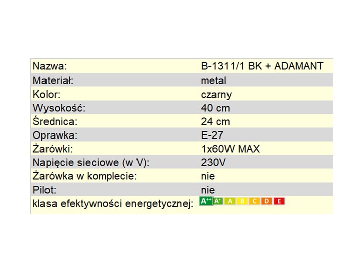Lampka nocna KARO B-1311/1 BK+ ADAMANT Lampa nocna Wysokość 40 cm Kategoria Lampy stołowe