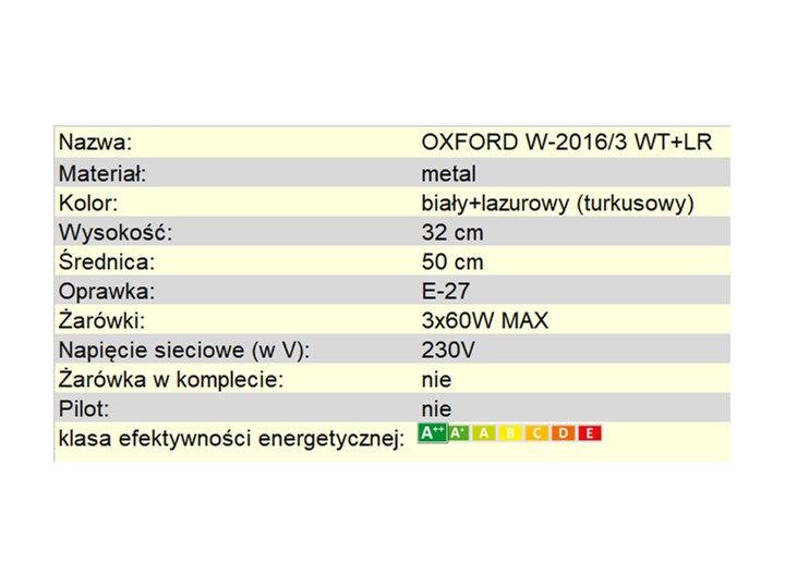 Plafon turkusowy OXFORD W-2016/3 WT+LR Żyrandol Metal Kolor
